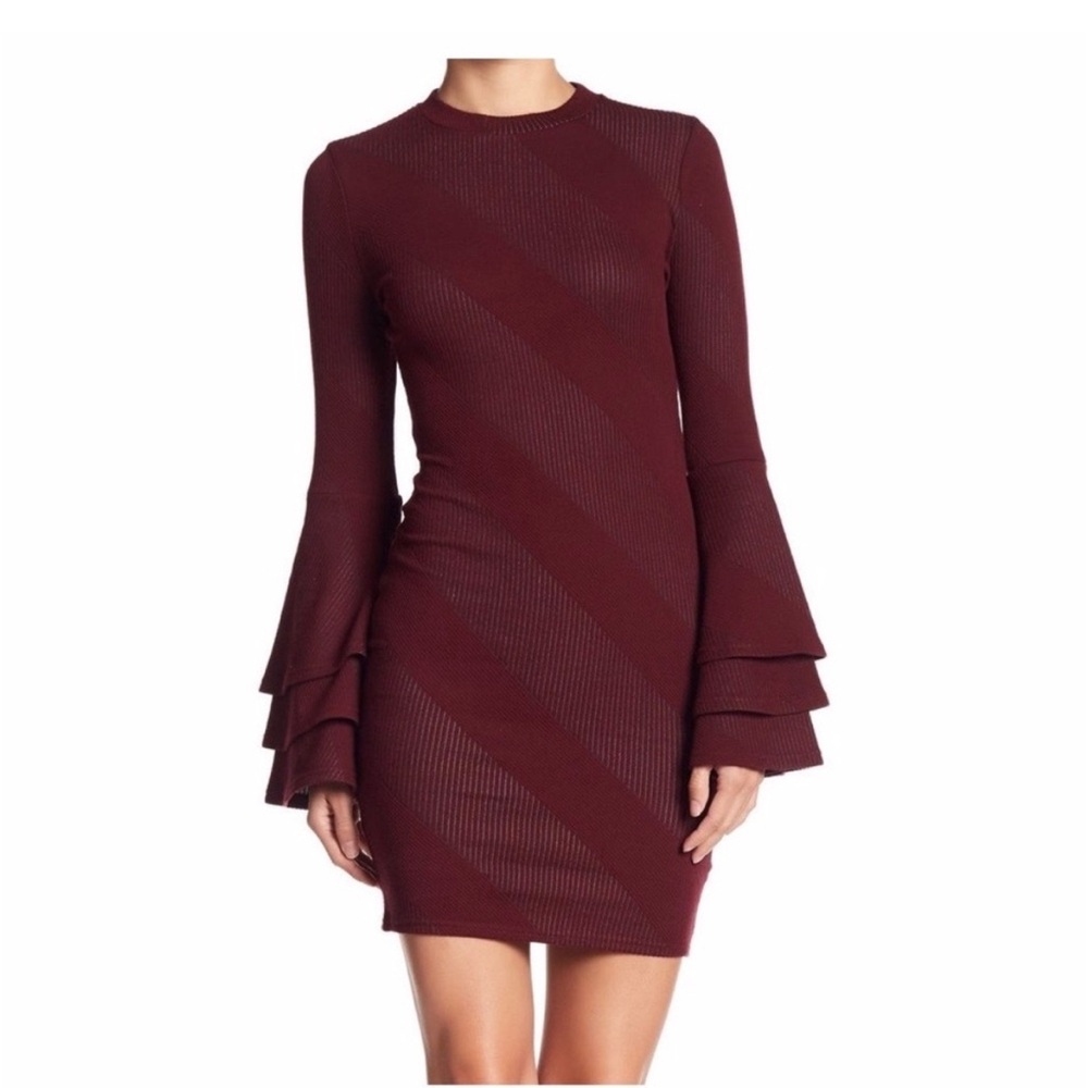 Moon River Burgundy Tiered Bell-Sleeve Bodycon Mini Dress